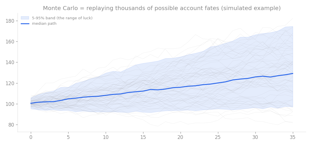 Monte Carlo testing: resample the daily returns into thousands of alternative futures and count the rule breaches.