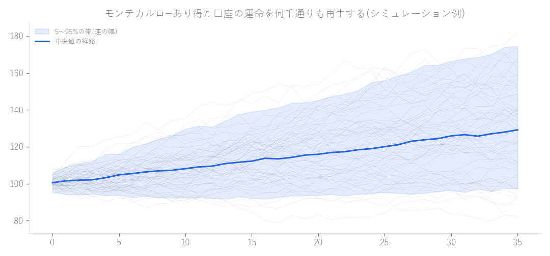 図: モンテカルロ検証のイメージ。日次リターンを並べ替えた多数の未来でプロップ規則への抵触を数えます。