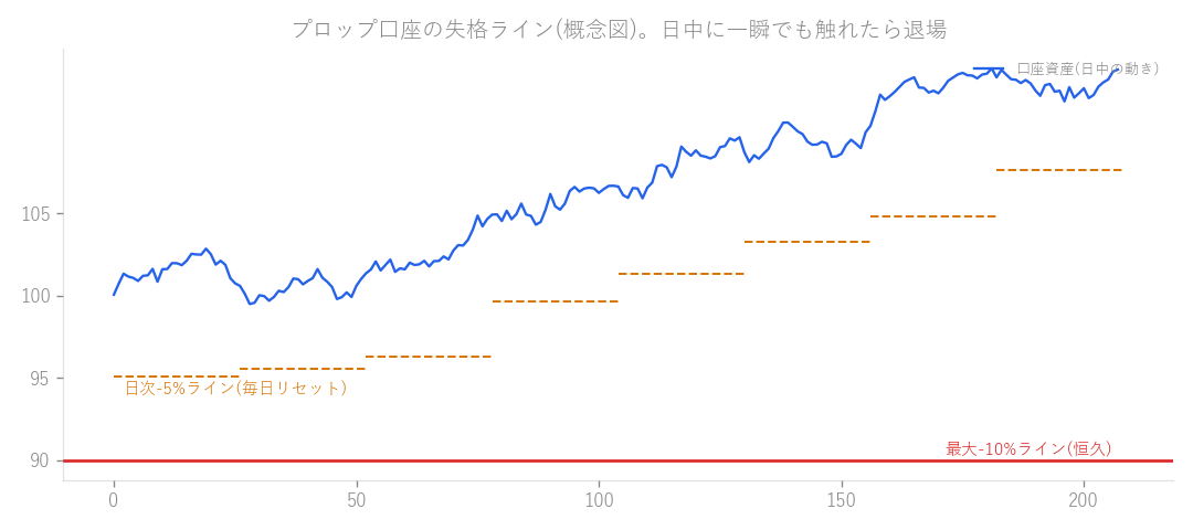 図: プロップ口座の失格ライン(概念図)。日中に一瞬でも触れたら退場。